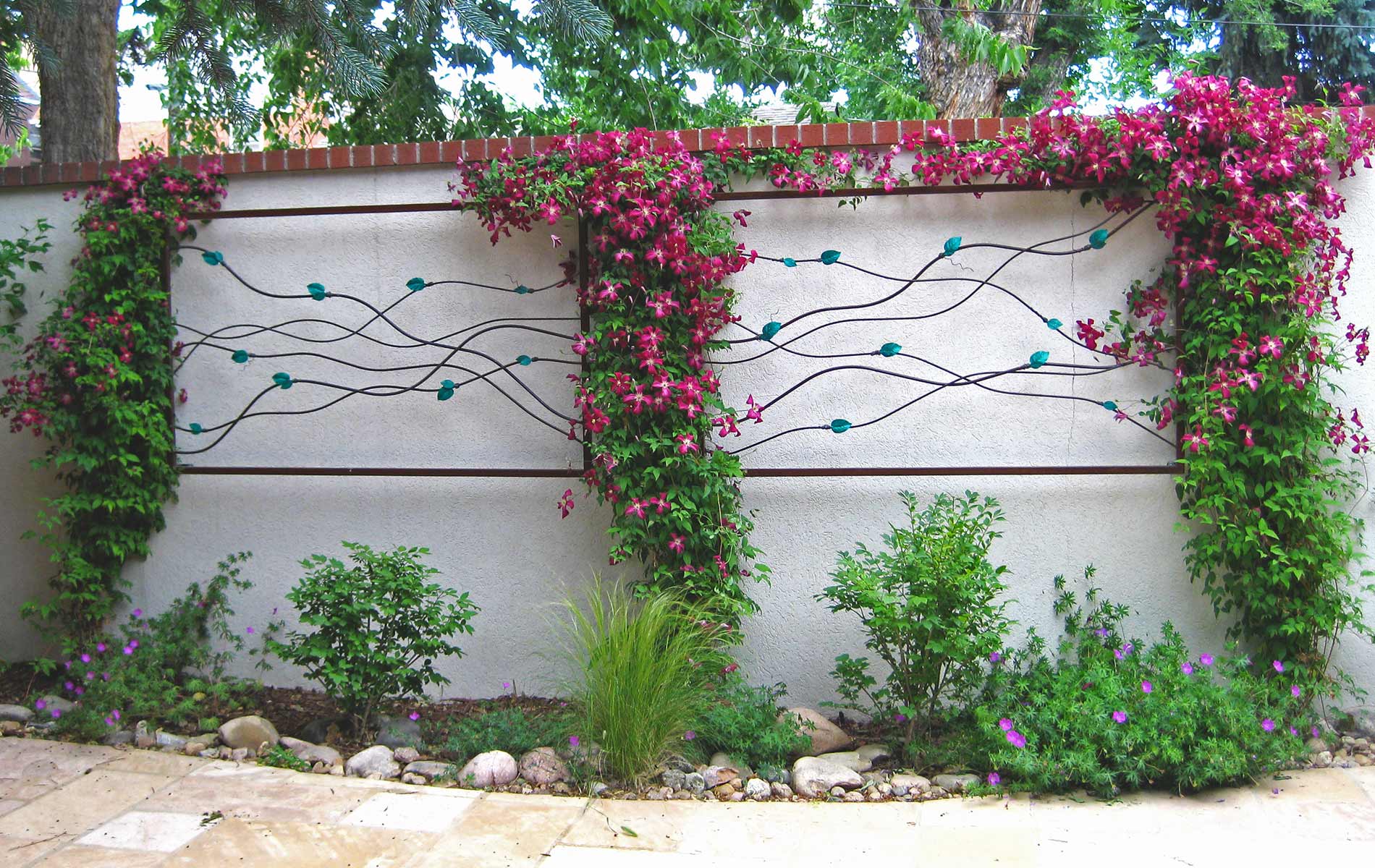 Wall Art with Cable Trellis and Climbing Vines in Custom Artwork Outdoor Room Featured in Sunset Magazine Mile High Landscaping in Denver