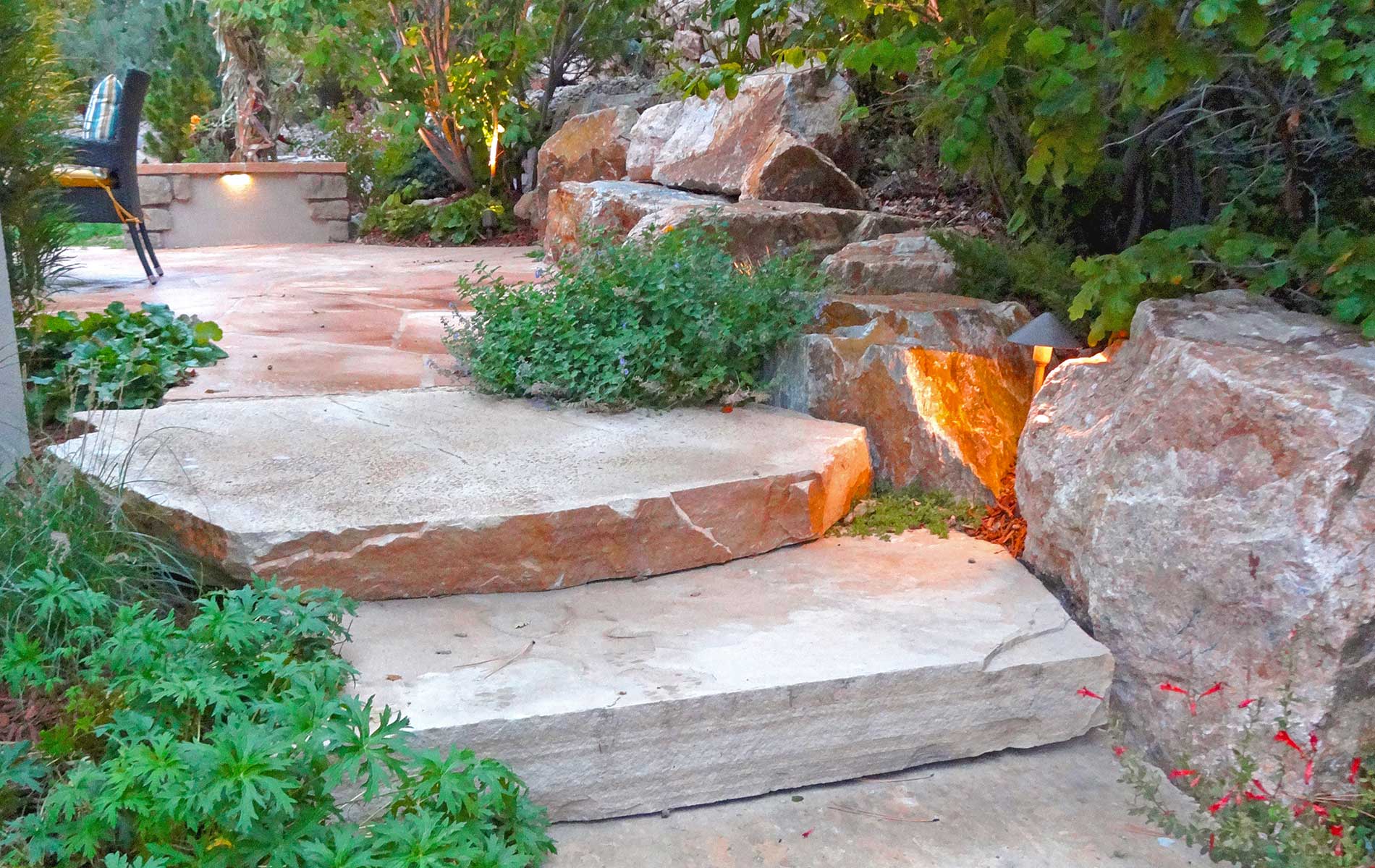 Large Flagstone Slab Stairs and Rustic Plants with Accent Lighting in Stunning Cozy All-Weather Outdoor Room in Cherry Hills Mile High Landscaping in Denver